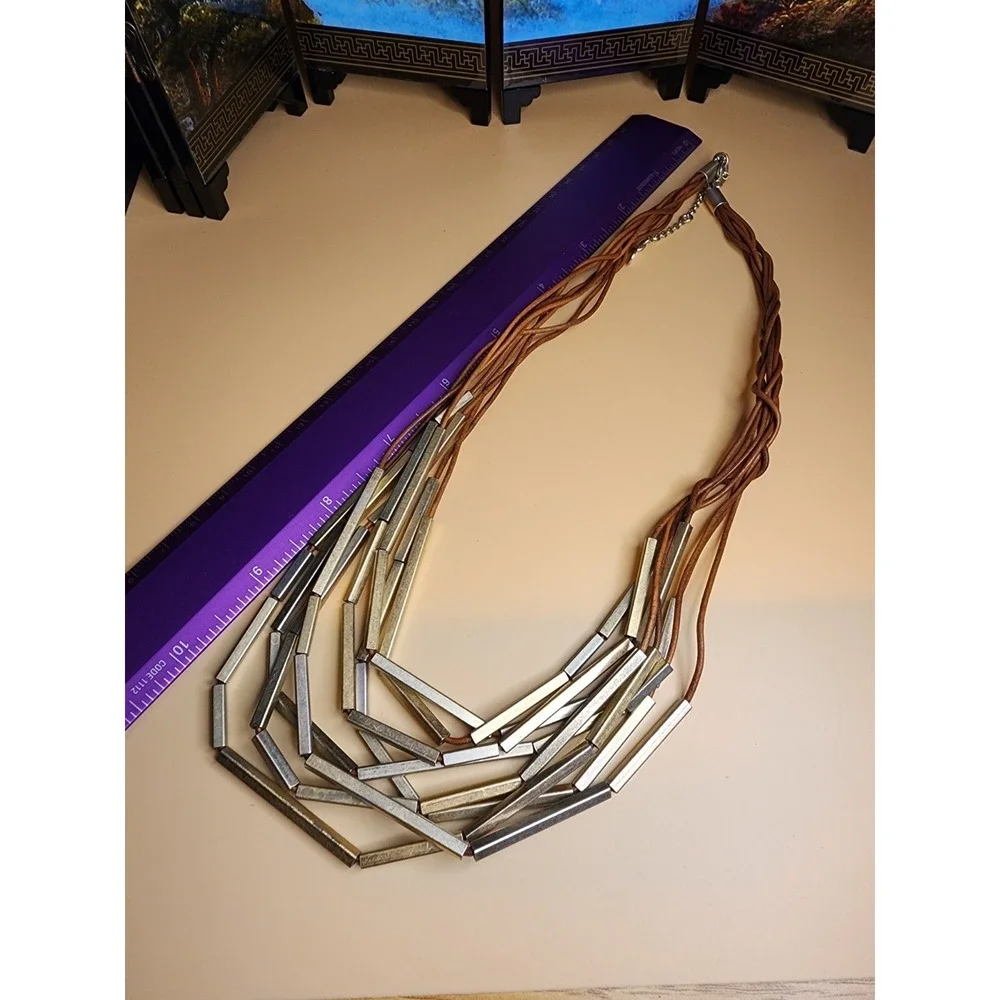 ANN TAYLOR LOFT Signed Necklace Multi-Strand‎ Braided Cord Metal Bar FREE $HIP!!